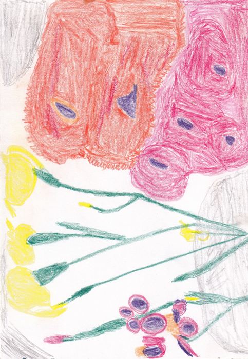 Rote und rosa Blüten mit gelben Tulpen