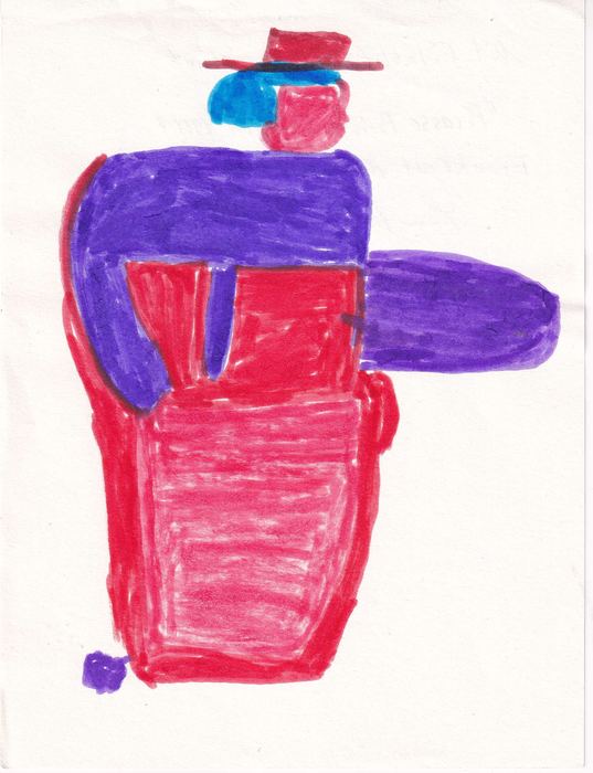 Figur in Violett und Rot mit Hut