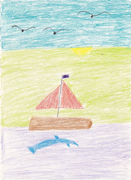 Segelboot mit Delfin und Möwen