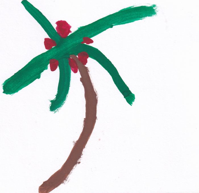 Palme mit roten Blüten, gemalt