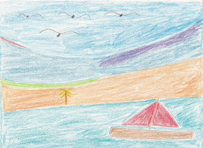 Segelboot vor Strand mit Palme