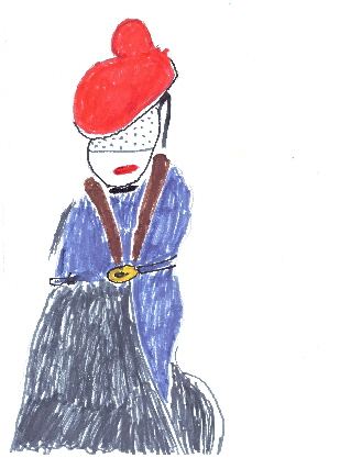 Figur mit rotem Hut und Hosenträgern