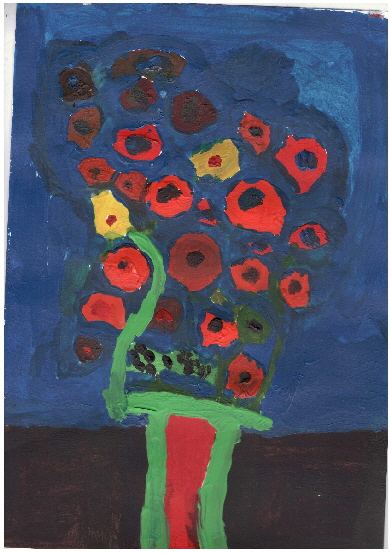 Rote Blüten auf dunklem Blau