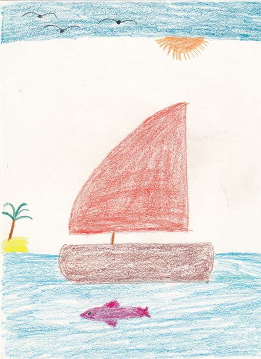 Segelboot mit Sonne und Fisch